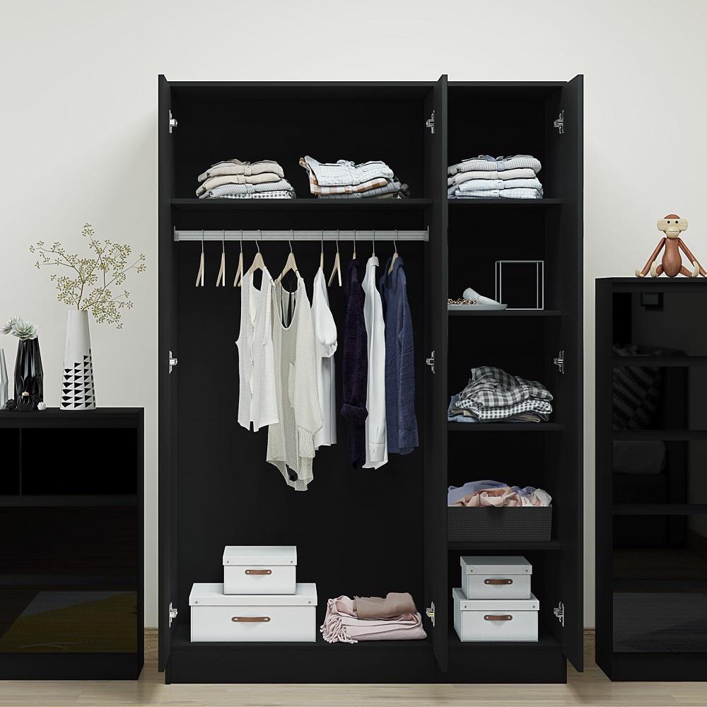 Stora 3 Door Wardrobe - Black Gloss Front - Furnished With Style